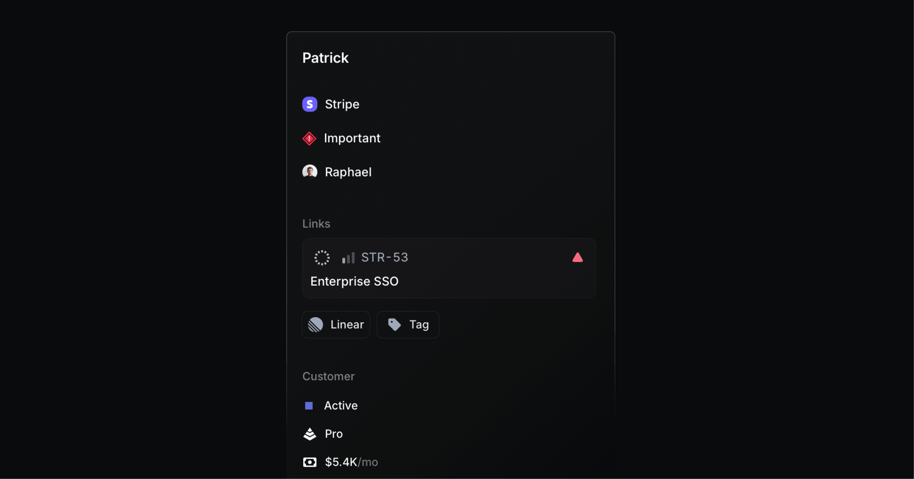 Customer context sidebar showing company details and linked Linear issues